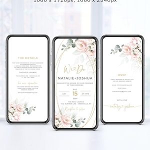 Elektronische Hochzeitseinladung, E-Mail einladen, Blush Rosa Blumen Textnachricht, sofortiger Download, Templett