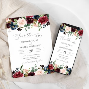 Save the Date Template, Burgundy Wedding Save the Date Card and Digital Invite, Instant Download, Templett, POM