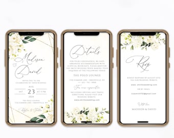 Electronic Wedding Invitation Template, Wedding Evite, White Flowers Phone Invite, Digital Download, Templett, PWR