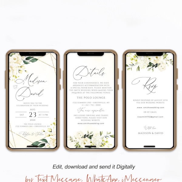 Electronic Wedding Invitation Template, Wedding Evite, White Flowers Phone Invite, Digital Download, Templett, PWR