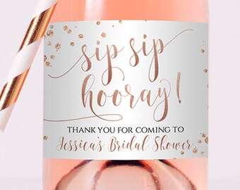 Editable Sip Sip Hooray Bridal Shower Thank You Tags Mini Wine Champagne Bottle Favor Wedding Faux Rose Gold, RGP