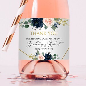 Floral Mini Champagner Flasche Label: Navy Blush Hochzeit Gunst Vorlage (Digitaler Download)