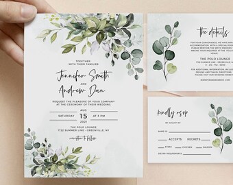 Editable PDF Rush Order Leaves Wedding Invite Greenery Wedding Invite Set INSTANT DOWNLOAD Rustle Green Wedding Invite Rustic Invite