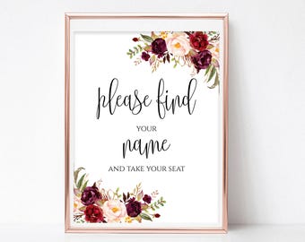 Please Find Your Name and Take Your Seat Sign, Wedding Seating Chart Instructions, Instant Download, 4x6, 5x7, 8x10, Boho Chic