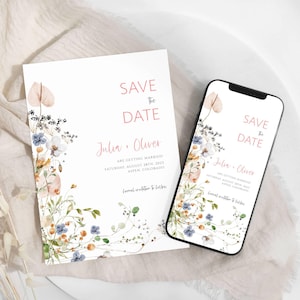 Op de afbeelding: Save the date-kaart met een bloemmotief in roze, blauwe en groene tinten. De tekst luidt "Save the Date, Julia & Oliver, Are getting married! Saturday, August 28th, 2023, Aspen, Colorado".