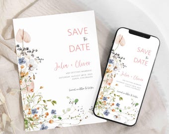 May include: Save the date card with a floral design in shades of pink, blue, and green. The text reads "Save the Date, Julia & Oliver, Are getting married! Saturday, August 28th, 2023, Aspen, Colorado".
