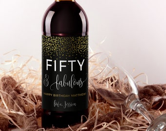 50th Birthday Wine Label Template: Faux Gold, Editable Text (Instant Download)