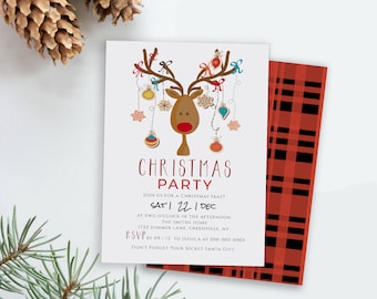 Reindeer Christmas Party Invitation: Greenery Design (Instant Download)