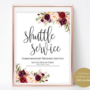 Boho Wedding Shuttle Sign: Burgundy Floral, Editable PDF (Instant Download), Chic