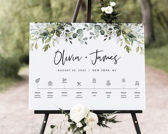Greenery Wedding Welcome Sign Template, Wedding Timeline Sign with Icons, Printable Ceremony Schedule, Editable, Instant Download, POE