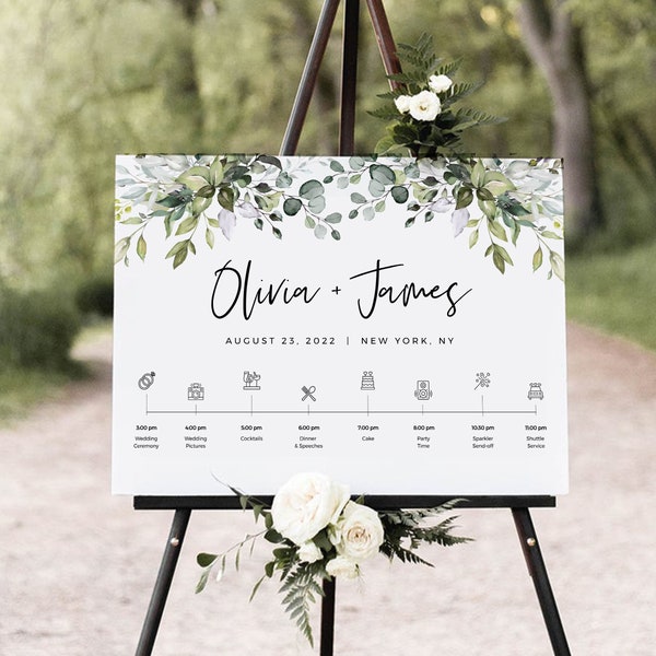 Greenery Wedding Welcome Sign, Printable Timeline with Wedding Day Icons, Instant Download, Templett, POE