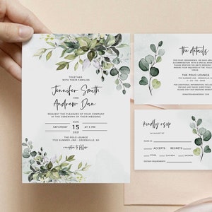 Greenery Wedding Invitation Suite, Printable Wedding Invitation, Eucalyptus Invite, Instant Download, Edit with Templett, POE