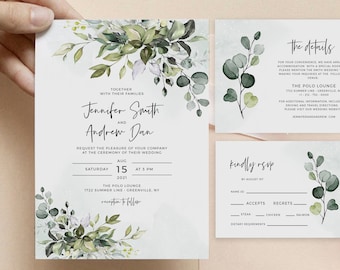 Greenery Wedding Invitation Suite, Printable Wedding Invitation, Eucalyptus Invite, Instant Download, Edit with Templett, POE