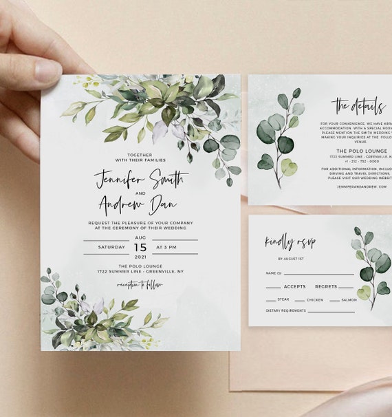 Greenery Wedding Invitation Suite Printable Wedding Invitation Eucalyptus Invite Instant Download Edit with Templett POE