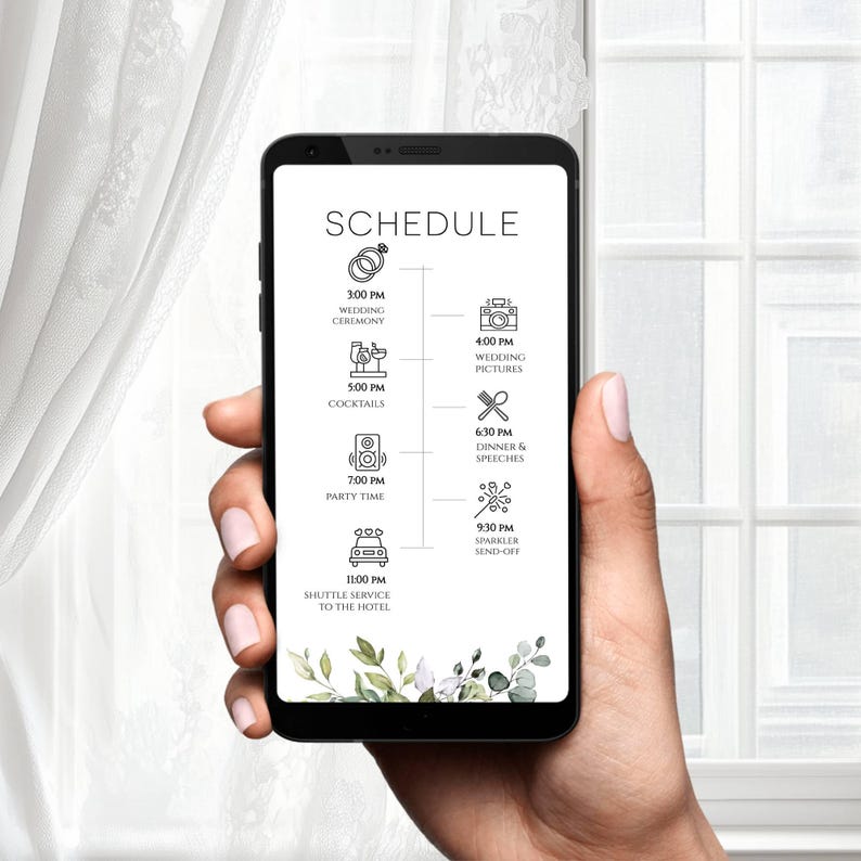 May include: A smartphone screen displaying a wedding schedule with times and icons for each event. The schedule includes the wedding ceremony, wedding pictures, cocktails, dinner and speeches, party time, sparkler send-off, and shuttle service to the hotel.