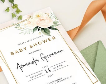 Editable Baby Shower Invitation Template Set: Floral Girl Baby Shower Invite, Book for Baby, Diaper Raffle, Thank You (Digital Download)