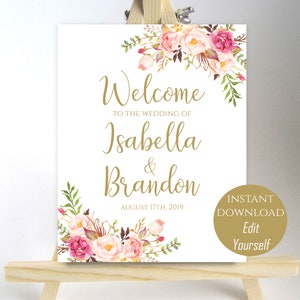 Wedding Welcome Sign: Floral Bouquet, Editable PDF (8x10, 11x14, 18x24), Pastel Nlooms