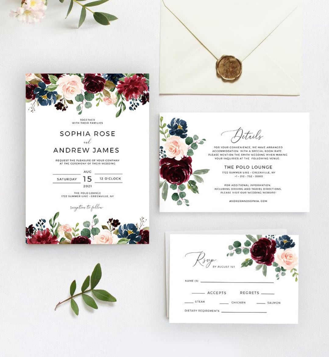 Burgundy Wedding Invitation Template, Printable Wedding Invite, Instant