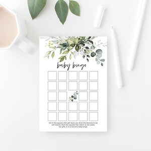 Greenery Baby Shower Bingo Game: Printable, Editable Text (Digital Download)