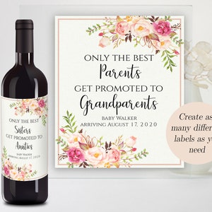 Annuncio di gravidanza con etichetta del vino Modello di annuncio di nascita con etichetta del vino per nonni Zia Zia per essere solo la migliore amica viene promossa a