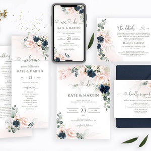 Könnte beinhalten: Hochzeitspapeterie-Set mit blassrosa, marineblauen und grünen Blumendesigns. Das Set umfasst Einladungen, RSVP-Karten, Detailkarten und ein Hochzeitsprogramm. Ein Smartphone zeigt das Einladungsdesign.