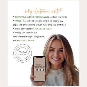 May include: A woman smiles while holding a smartphone displaying a message about sending invitations via text, email, or social media. The text on the phone reads "Send via text, email or social media". The image also includes a green circle with the text "100% Editable Text Instant Download Move Add Resize Recolor".
