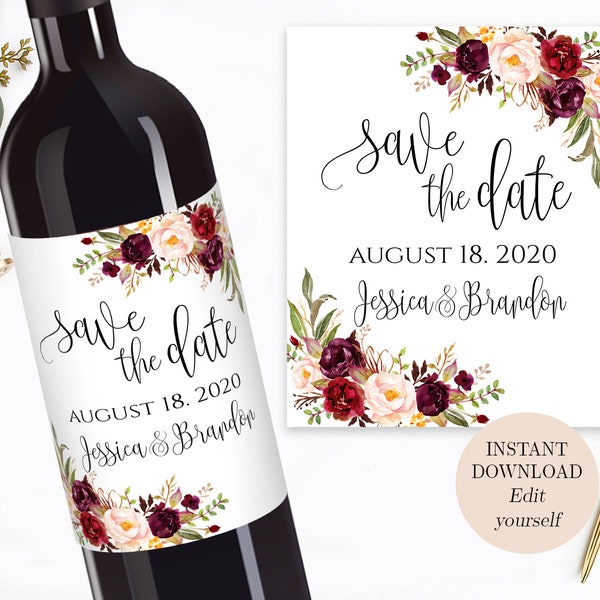 Wedding Save the Date Template Save the Date Wine Label Save the Date Wine Bottle Labels Wedding Editable PDF Instant Download Boho Chic