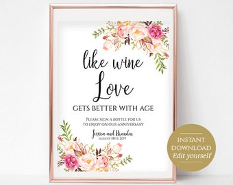 Personalized Sign A Bottle Sign Sign A Bottle Printable Wine Bottle Guestbook Bottle Sign Instant Download PDF 4x6, 5x7, 8x10 Pastel Blooms