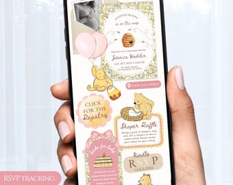 A Little Honey Bear Baby Shower Website Invitation Template, Girl Pink Balloons Digital Invite with RSVP & Registry Links, Canva #HUN
