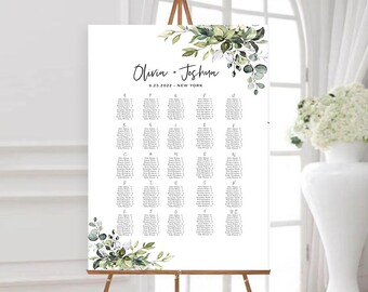 Greenery Wedding Seating Chart: Alphabetical Table Sign (Instant Download, POE)