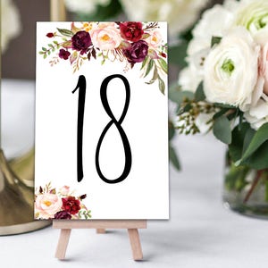 Números de mesa de casamento para impressão Números de mesa imprimíveis Números de mesa Marsala para sinal de mesa de cabeça de casamento 4x6 Números de mesa 1-40 Floral PDF