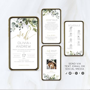 May include: A wedding invitation suite with a green and white floral design. The invitation features the text "we do" in gold script, followed by the names "Olivia + Andrew". The date and time of the wedding are listed, along with the location: "The Polo Lounge, 1722 Summer Line, Greenville, NY". The invitation also includes the text "reception to follow". The details card includes information about the wedding venue and accommodations. The RSVP card includes a photo of the couple and their wedding website. The schedule card lists the times for various events, including the ceremony, cocktail hour, dinner, and dancing. The text "Send via text, email or social media" is displayed at the bottom of the schedule card, along with icons for TikTok, YouTube, email, WhatsApp, and Instagram.