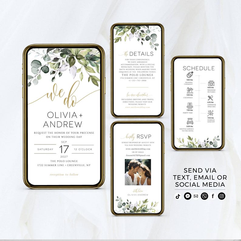 May include: A wedding invitation suite with a green and white floral design. The invitation features the text "we do" in gold script, followed by the names "Olivia + Andrew". The date and time of the wedding are listed, along with the location: "The Polo Lounge, 1722 Summer Line, Greenville, NY". The invitation also includes the text "reception to follow". The details card includes information about the wedding venue and accommodations. The RSVP card includes a photo of the couple and their wedding website. The schedule card lists the times for various events, including the ceremony, cocktail hour, dinner, and dancing. The text "Send via text, email or social media" is displayed at the bottom of the schedule card, along with icons for TikTok, YouTube, email, WhatsApp, and Instagram.