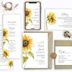 Set di inviti per matrimonio con girasoli, pacchetto di inviti per matrimonio con fiori, RSVP, dettagli, programma, invito elettronico, download digitale, Templett