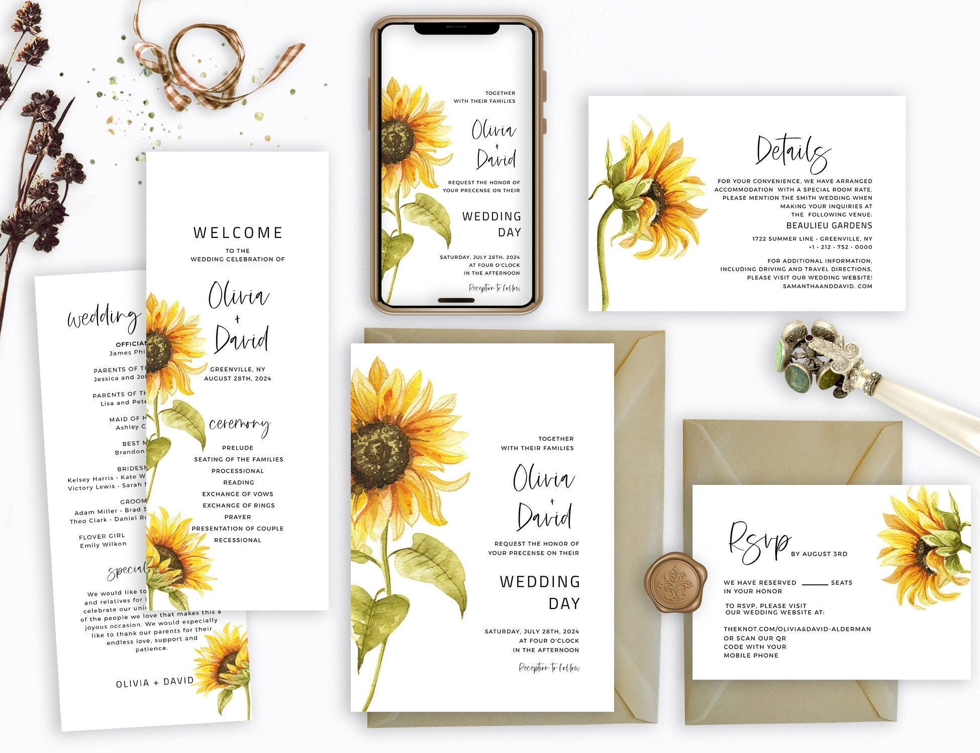 Sunflower Wedding Invitation Set, Flower Wedding Invite Bundle, RSVP, Detail, Program, Electronic Invite, Digital Download, Templett