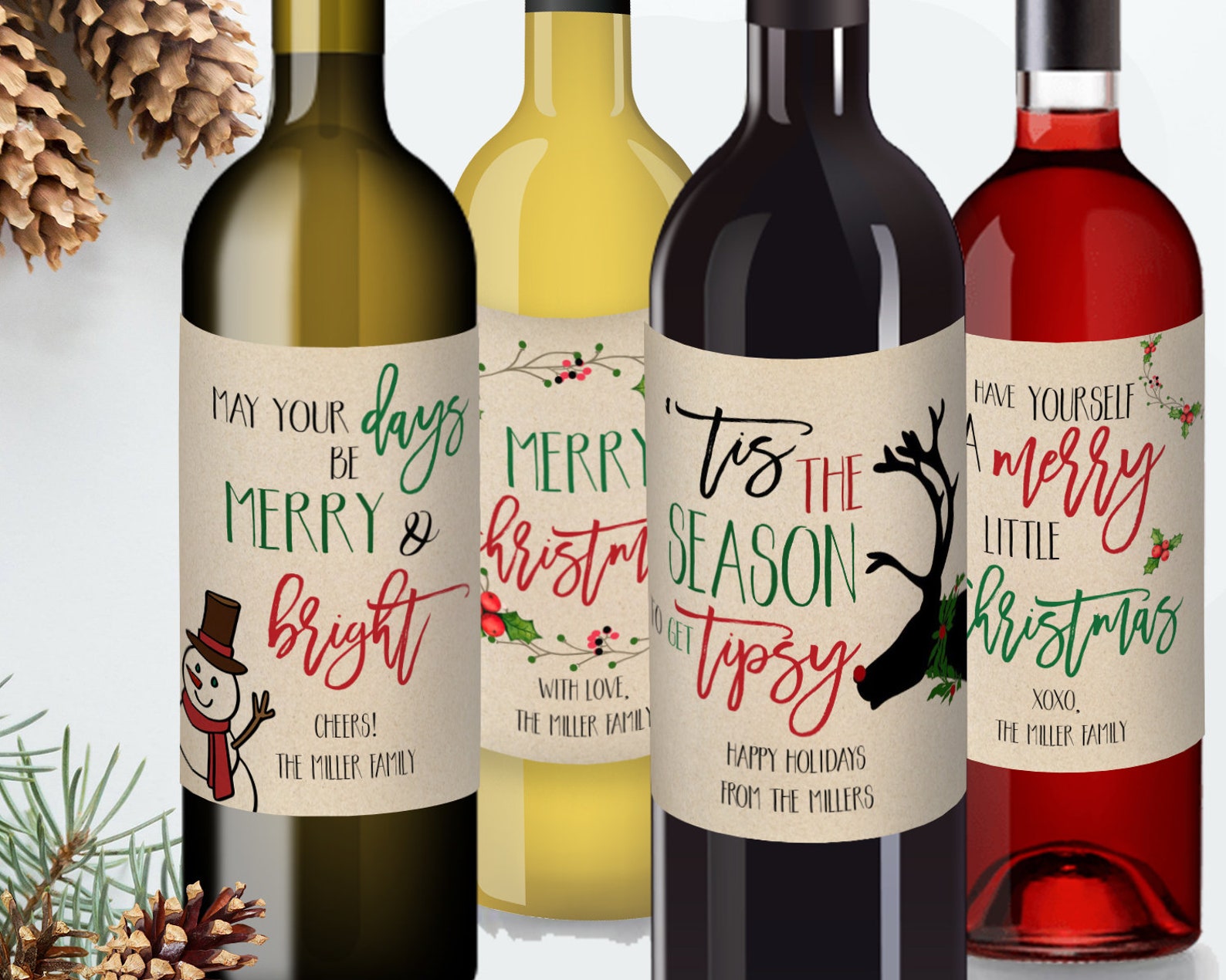 Set of 4 Christmas Wine Labels Template Personalized Christmas | Etsy