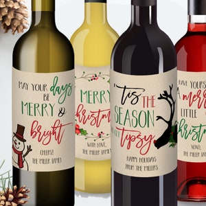 Set of 4 Christmas Wine Labels Template Personalized Christmas Wine Labels Editable Wine Label Christmas Card Alternative Christmas Gift DIY