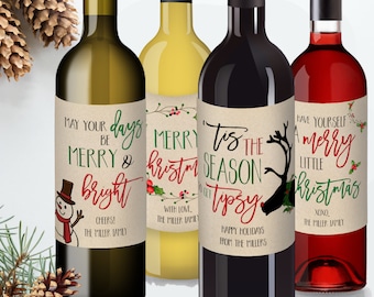 Set of 4 Christmas Wine Labels Template Personalized Christmas Wine Labels Editable Wine Label Christmas Card Alternative Christmas Gift DIY