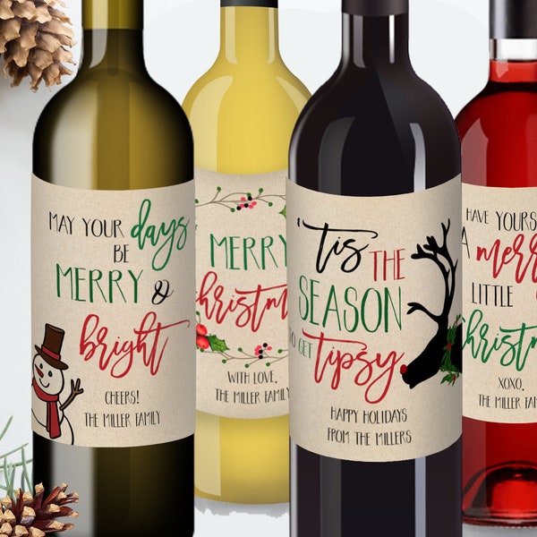 Set of 4 Christmas Wine Labels Template Personalized Christmas Wine Labels Editable Wine Label Christmas Card Alternative Christmas Gift DIY