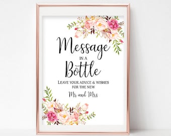 Printable Message in a Bottle Sign Wedding Table Sign Floral Wedding Guestbook Instant Download 4x6, 5x7, 8x10 Pastel Blooms Collection