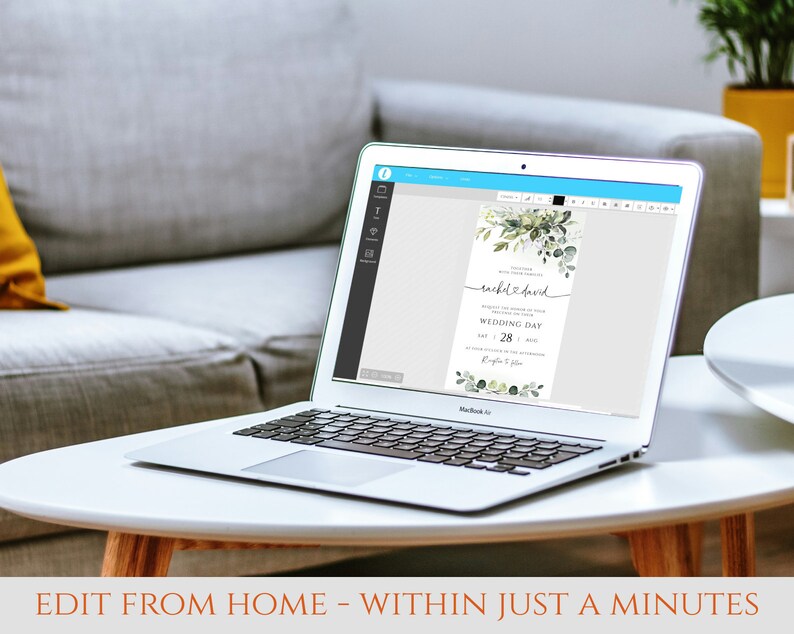 K&ouml;nnte beinhalten: Ein Laptop-Computer, auf dem ein Hochzeitskarten-Template auf einem Bildschirm angezeigt wird. Die Einladung zeigt ein Aquarell-Design mit gr&uuml;nen Bl&auml;ttern und dem Text "Rachel & David" und "Wedding Day".