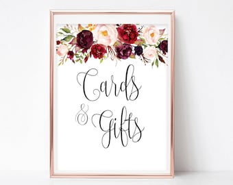 Cards and Gifts Sign: Burgundy Peonies Wedding Table Decor (PDF Download), Boho Chic