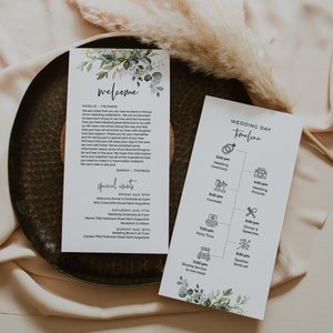 Eucalyptus Wedding Welcome Letter and Timeline Greenery Order of Service, Editable, Instant Download, Templett, POE