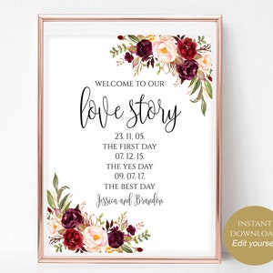 Love Story Wedding Date Sign: Burgundy Floral Anniversary (Instant Download), Boho Chic