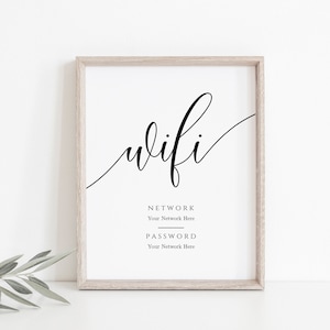 Könnte beinhalten: Ein druckbares Schild mit dem Wort "wifi" in Kursivschrift. Das Schild enthält auch die Wörter "Netzwerk" und "Passwort" mit leeren Zeilen, in die Benutzer ihren Netzwerknamen und ihr Passwort eintragen können.