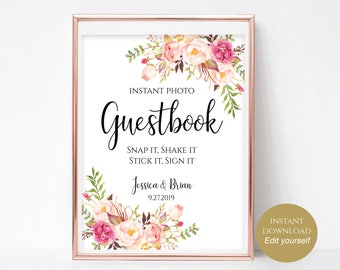 Floral Guestbook Sign: Editable Photo Booth Template (Digital Download), Pastel Blooms