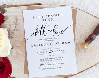 May include: A white invitation card with the text "Let's Shower Them with Love" in black script. The card includes details for a couples shower, with the names Caitlin & Joshua, date, time, and location. A brown envelope and a wax seal are also visible.