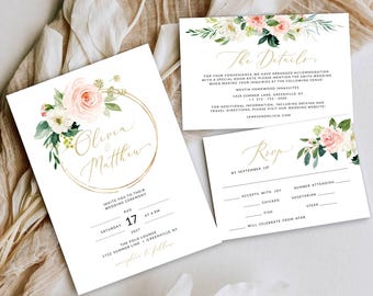 Blush Pink Floral Wedding Invitation Suite (Instant Download)