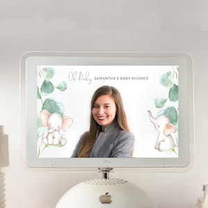 May include: A computer screen displaying a baby shower invitation with a watercolor design of elephants and eucalyptus leaves. The text on the screen reads "Oh Baby, Samantha's Baby Shower".