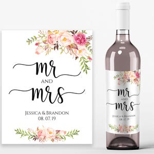 Wedding Wine Labels Wedding Wine Printable Wine Label Template Wine Bottle Labels PDF Instant Download Mr and Mrs Wine Bottles Pastel Blooms image 1